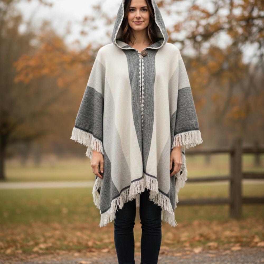 100% Genuine Alpaca Wool Hooded Shawl / Poncho - (Made in Ecuador)